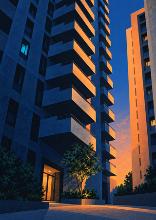 Steep upward view between cobalt modern apartment towers, with projecting balconies, an orange-lit building, and a planted courtyard.