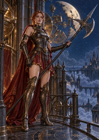 Red-haired armored woman with a red cape and polearm before a clockwork moon, gears, stars, and elevated fantasy city.