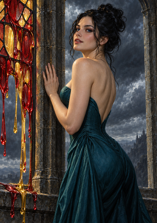 Dark-haired woman in a teal gown looking back beside red-and-gold stained glass in a stone window, with a cloudy landscape beyond.