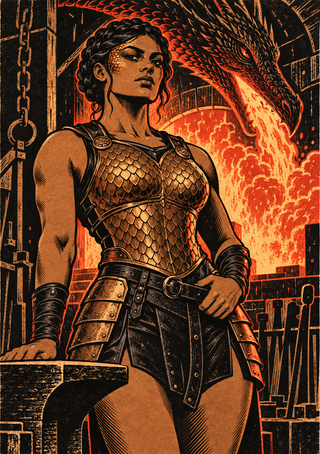 Scale-armored woman with facial markings in a blazing forge, with a large dragon head behind her.