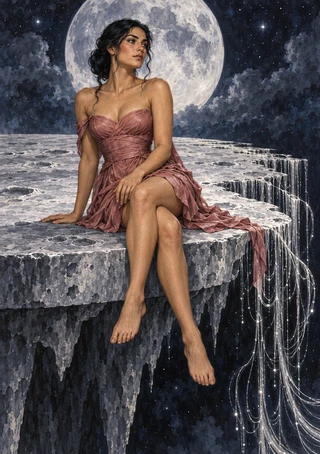 Dark-haired woman in a dusty-rose dress seated on a stone terrace beneath a large full moon and starry, clouded sky.