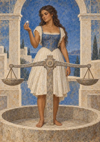 Barefoot woman in a blue bodice and cream skirt holding a small white object above a balance scale in a pale stone arch.