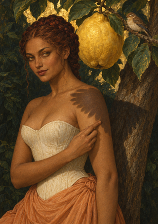 Red-haired orchard nymph in a pale corset and rust drape among foliage, beside a golden fruit and perched brown bird.