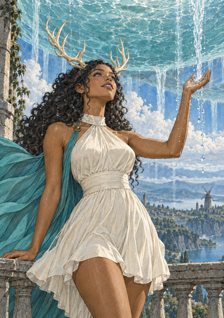 Antlered woman in a white draped dress beneath a translucent water dome, raising a hand toward falling streams above a distant lake settlement.