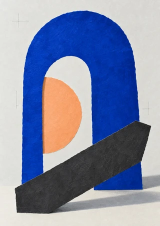 Cobalt-blue upright arch with an apricot semicircle inside its opening and a diagonal charcoal slab on a pale background.
