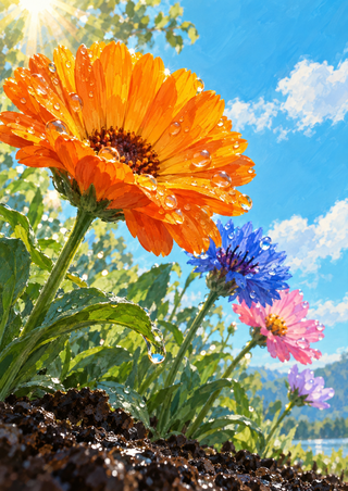 A large droplet-covered orange calendula-like flower with blue, pink and lavender blooms above glossy leaves and dark soil.