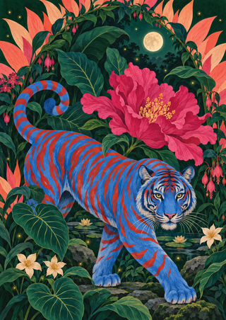 Blue tiger with vermilion stripes among dense night-garden foliage beneath a large fuchsia flower and pale moon.