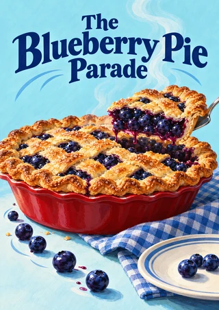 Lattice-topped blueberry pie in a glossy red dish with a slice lifted on a server, loose berries, gingham cloth, and title lettering.