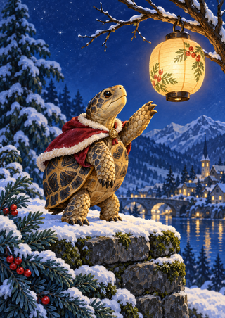 Cranberry-caped tortoise reaching toward a glowing lantern on a snowy ledge, with fir boughs, a village, lake, and mountains beyond.
