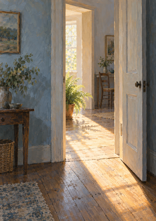 Open white paneled door between a shadowed blue-gray room and a brighter interior, with sunlight across timber flooring near a potted fern.