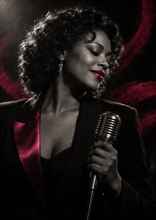Adult woman singer with closed eyes holding a vintage-style microphone, with fuchsia accents and crimson brush strokes against black.
