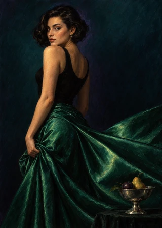 Adult woman looking over her shoulder while gathering an emerald satin skirt, with a silver bowl holding a pear and plum.