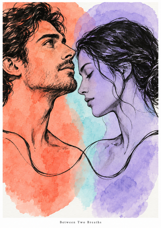 Two adult profiles nearly meeting over coral and lilac washes, with black looping shoulder lines and the title Between Two Breaths below.