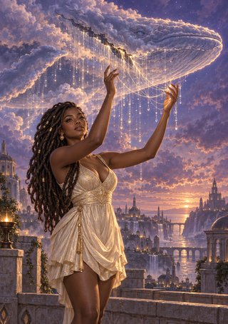 Woman in a pale-gold dress reaching toward a huge whale-shaped cloud with glowing strands above a city and waterway at sunset.