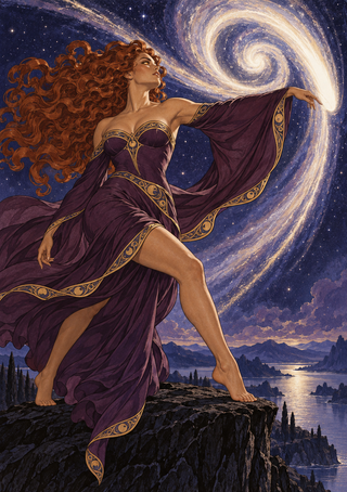 A barefoot woman in a flowing purple gown reaches toward a bright spiral galaxy above a mountain lake.
