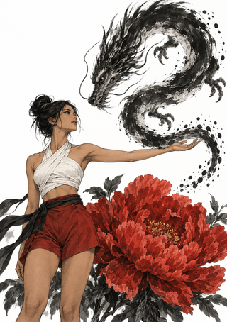 A woman in a white wrap top and red shorts gestures toward a black ink-style dragon above red peonies.