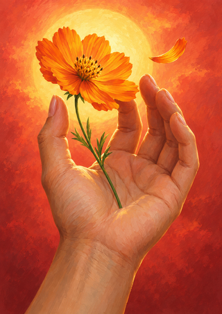 Open adult hand cupping the stem of an orange cosmos-like flower, with a floating petal and golden light against coral red.