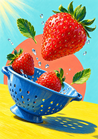 Three red strawberries, including one airborne above a tilted blue colander, against an aqua background and yellow tabletop.