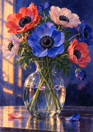 Blue, coral, and pale blush anemones with dark centers arranged in a clear glass vessel under warm side light.