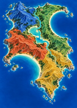Decorative top-down map-art of a multicolored fictional coastal landform with a turquoise channel and surrounding blue sea.