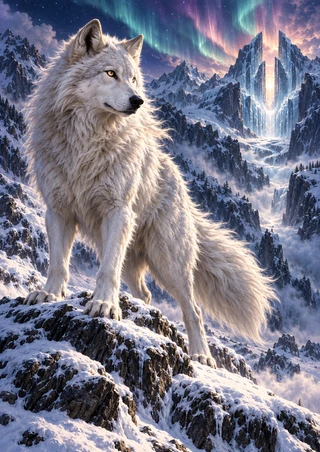 Full-body white wolf standing on a snowy rocky ridge beneath a turquoise aurora, with a bright ice-spired mountain pass in the distance.