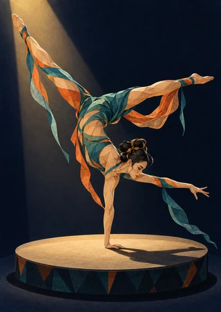 Woman acrobat holding a one-hand balance and wide split on a spotlighted circular stage, with teal and orange ribbons against a dark indigo background.