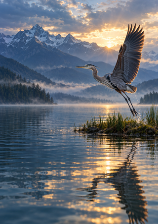 A gray heron takes flight above a reed-covered islet and reflective mountain lake at sunrise.
