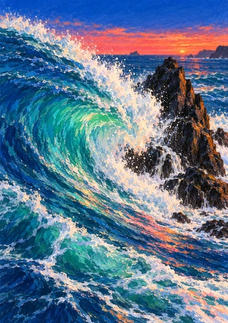 A large cobalt wave curls beside a dark rock stack, throwing white spray against a coral-pink sunset horizon.