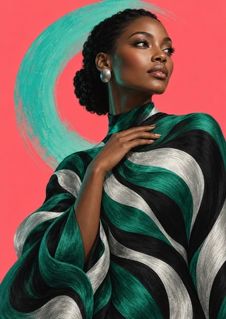 An adult Black woman in a high-neck garment of flowing emerald, black and silver bands, with a turquoise arc against a coral background.