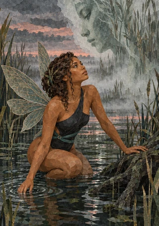 Winged dark-haired woman kneeling in marsh water beneath a large face-like mist apparition, framed by reeds at dusk.