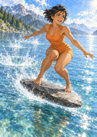 Smiling woman in an orange outfit balances barefoot on a flat rock amid a splash on a clear mountain lake.
