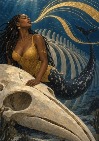 Braided mermaid seated on a whale skull underwater, with a dark patterned tail, whale ribs, and sweeping gold accents.