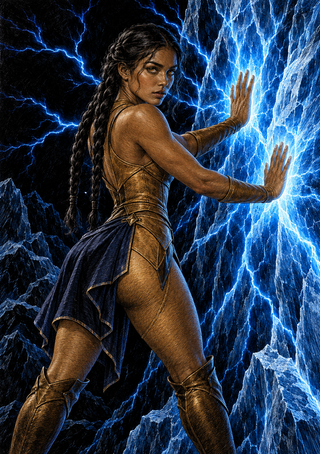 Dark-haired woman in brown clothing bracing against a glowing blue fissured wall in a rocky fantasy cavern.