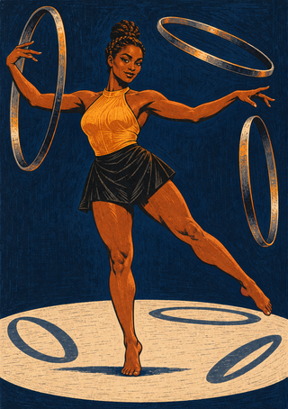 Barefoot woman in a gold top and dark skirt balancing among gold-edged hoops on a textured navy background.
