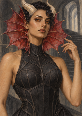 Horned woman in a dark bodice with broad crimson ribbed forms framing her face before gray stone arches.