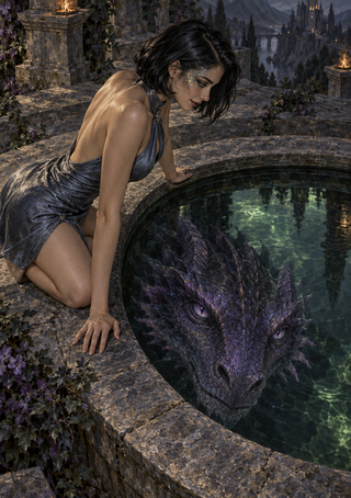 Dark-haired woman kneeling beside a circular stone pool, with a purple dragon head visible beneath the water and a castle bridge in the distance.