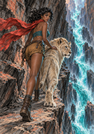 A woman adventurer with a streaming red scarf stands beside a pale-maned lion on a rocky ledge above a turquoise waterfall.
