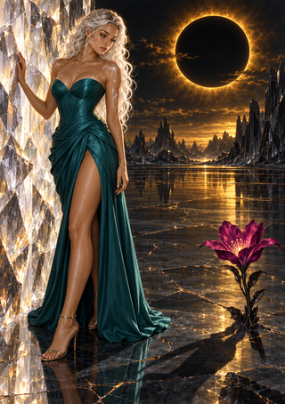 A pale-haired woman in a teal gown stands beside a faceted crystal wall beneath a gold-rimmed black sun, with a magenta flower in the foreground.
