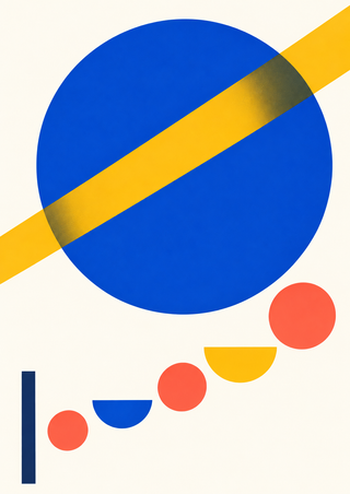 Cobalt circle crossed by a diagonal saffron band, with coral disks, semicircles, and a navy bar on warm white.