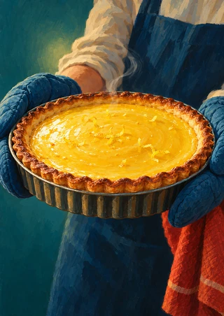 A glossy golden lemon tart in a fluted metal tin is held in blue oven mitts against a teal background.