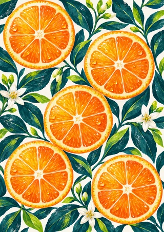 Decorative pattern of orange cross-sections, teal leaves, and small white blossoms on a warm-white background.