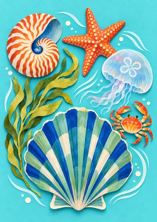 A large blue-green scallop shell surrounded by a nautilus, starfish, jelly-like medusa, seaweed frond, and small crab on aqua.