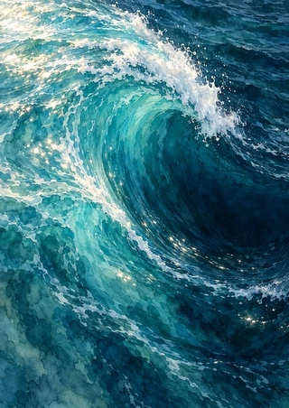 Large turquoise-blue ocean wave curling around a dark trough, with a bright white foamy crest and scattered reflections.