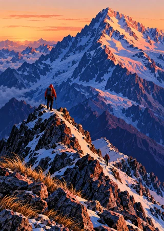 Two mountaineers on a rocky snow-streaked ridge beneath a large blue alpine peak at sunset; the nearer climber wears red-orange.
