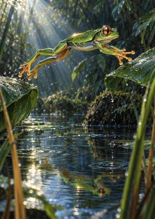 Green frog with a copper-colored eye leaping between wet leaves above a dark reflective forest pool with ripples and reeds.
