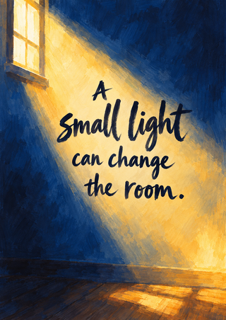 Hand-painted quote on a deep blue wall crossed by a diagonal golden beam from a bright window.