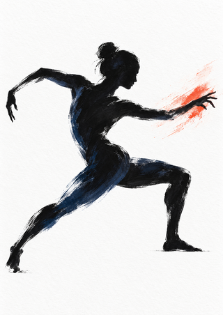 Silhouetted dancer holding a low lunge with one arm extended against a white background and a small vermilion accent.