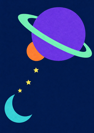 A violet planet with a mint diagonal ring, orange moon, three yellow stars, and turquoise crescent on midnight blue.