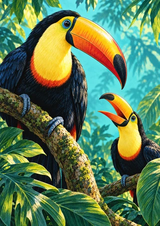 Two toucans on leafy branches, a smaller open-beaked bird calling toward the larger bird against an aqua background.