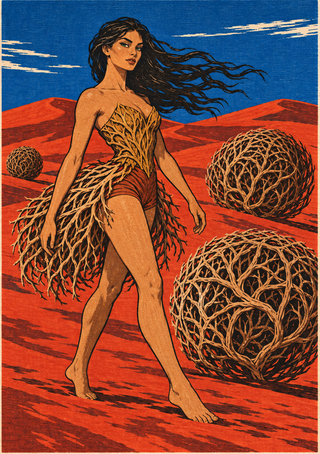 Barefoot woman in a twig-like outfit walking among large tumbleweed spheres across red-orange desert dunes beneath a blue sky.